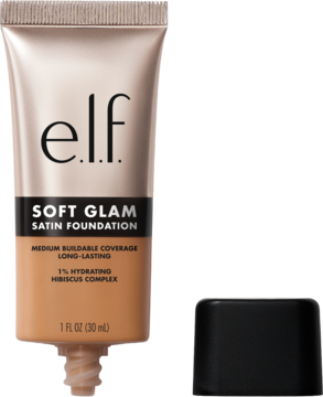 e.l.f. Soft Glam Satin Foundation, nawilżający podkład w jasnobrązowej tubce z czarną zakrętką, widok z przodu.