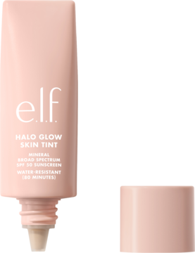 E.l.f. Halo Glow Skin Tint SPF 50, mineralny tint do twarzy w pudroworóżowej tubce, zakrętka obok.