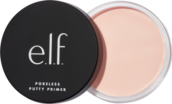 Otwarta baza e.l.f. Poreless Putty Primer: czarny słoiczek z srebrnym logo i gładka, różowa zawartość. Widok z góry.