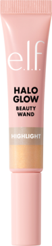 Płynny rozświetlacz e.l.f. Halo Glow Wand, różowa tubka ze złotym, błyszczącym płynem, widok z przodu.