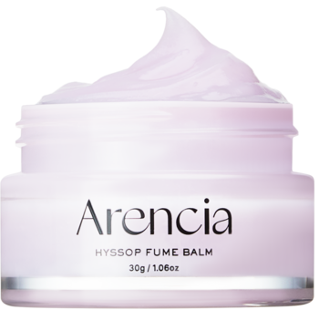 Arencia Hyssop Fume Balm, puszysty liliowy krem w słoiku, z widoczną teksturą, widok z przodu pod kątem.