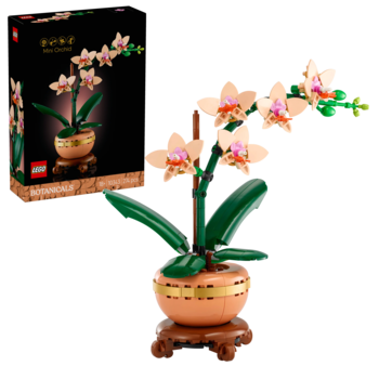LEGO Orchid, realistyczny model z beżowymi kwiatami, zielonymi liśćmi, w kremowej doniczce ze złotym paskiem, obok pudełko.