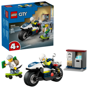 Zestaw LEGO City 60408 z policyjnym motocyklem ścigającym złodzieja na deskorolce koło bankomatu. Częściowo widoczne pudełko.