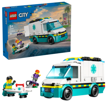Zestaw LEGO City Karetka ratunkowa, biało-turkusowy ambulans, figurka medyka i pacjenta na desce, widok z pudełkiem.