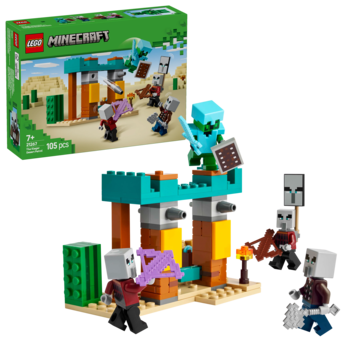 LEGO Minecraft zestaw z pustynną bazą, turkusowo-pomarańczowymi elementami i figurkami Illagerów. Widok z przodu, pudełko w tle.