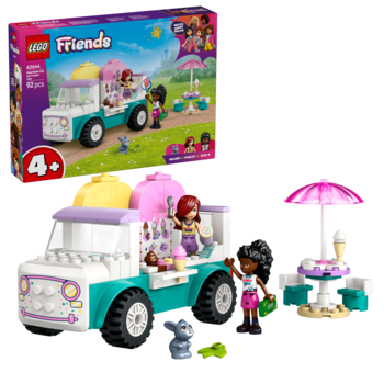 LEGO Friends ciężarówka lodziarnia: złożony biało-turkusowy pojazd z figurkami i parasolem, z widocznym pudełkiem.