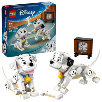 LEGO Disney 2 Dalmatyńczyki. Zestaw klocków z figurkami psów i retro telewizorem, pudełko w tle. Widok z przodu.