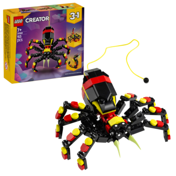 LEGO Creator 3-in-1: czarno-czerwony pająk z żółtymi akcentami, widok z przodu, pudełko zestawu w tle.