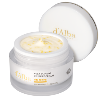 d'Alba Vita Toning Capsule Cream w białym słoiku, otwarty, z kremem i żółtymi kapsułkami, pokrywka z tyłu.