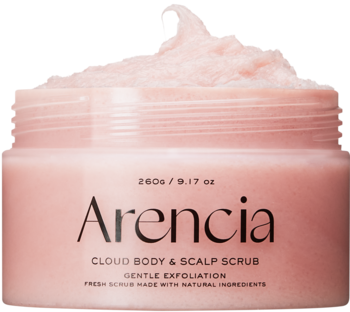 Różowy Arencia Cloud Body & Scalp Scrub w otwartym, przezroczystym słoiku, widok z góry na puszystą konsystencję.
