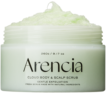 Arencia Cloud Body & Scalp Scrub, biały słoik, widoczny jasnozielony, puszysty peeling do ciała i skóry głowy.