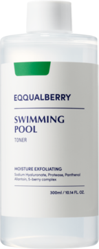 Toner EQQUALBERRY SWIMMING POOL, nawilżająco-złuszczający, w przezroczystej butelce 300ml, widok z przodu.