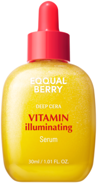 EQQUAL BERRY VITAMIN illuminating Serum w błyszczącej, żółtej butelce z czerwoną zakrętką z kroplomierzem, widok z przodu.