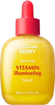 Rozświetlające serum Eqqualberry Vitamin Illuminating w żółtej butelce z czerwoną pompką, widok z przodu.
