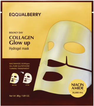 Pudełko EQQUALBERRY Collagen Glow Up Hydrogel mask, brązowo-złote, z kształtem maski i okręgiem Niacinamide.