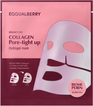 EQQUALBERRY Bouncy Day Collagen Pore-tight up hydrożelowa maska w różowym pudełku, widok z przodu.