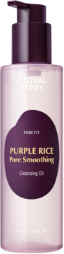 EQQUAL BERRY Purple Rice Pore Smoothing Cleansing Oil, przezroczysta butelka z fioletową etykietą i pompką, front.