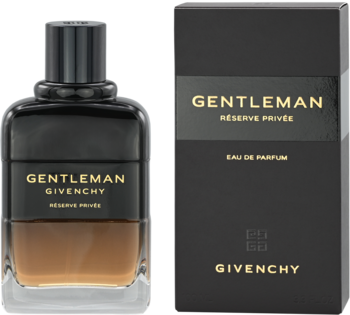 Flakon Givenchy Gentleman Réserve Privée EDP, ciemne szkło i złote napisy, obok czarnego opakowania.