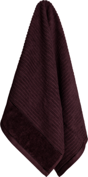 Wiszący, ciemnobordowy ręcznik z grubym, prążkowanym splotem frotte i gładkim, dekoracyjnym paskiem na dole.