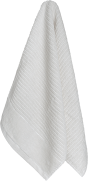 Biały ręcznik z prążkowaną fakturą, złożony i zawieszony. Widoczny szeroki, gładki brzeg.