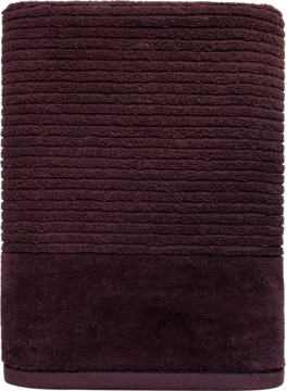 Ręcznik kąpielowy w kolorze ciemnego brązu, z grubą prążkowaną teksturą i gładkim dołem, widok z przodu.