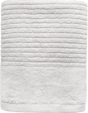 Biały ręcznik kąpielowy o dwuczęściowej fakturze: żebrowanej u góry i gładkiej frotte u dołu, widok z przodu.