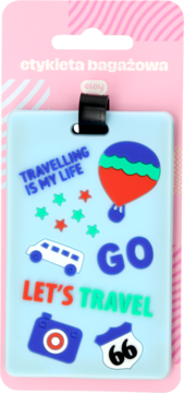 Eloy etykieta bagażowa, prostokątna, jasnoniebieska, z barwnymi grafikami podróżnymi i hasłami. Widok z przodu.