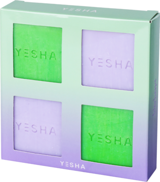 Zestaw 4 wegańskich mydeł w kostce YESHA, werbena i ananas, w pudełku z zielono-fioletowym gradientem.
