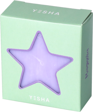 Wegańskie mydło YESHA Magnolia z masłem shea, fioletowa gwiazda w zielonym pudełku z okienkiem.