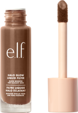 e.l.f. Halo Glow Liquid Filter Rich/Cool, brązowa butelka i aplikator z płynem, widok z przodu.