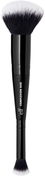 e.l.f. Complexion Duo, dwustronny pędzel do podkładu i korektora, czarny uchwyt, biało-czarne włosie, pionowo.