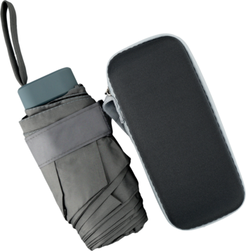 Eloy mini parasol kieszonkowy szary 90x53 cm złożony, obok jego czarne twarde etui, widok z góry.