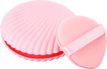 Eloy gąbeczka do makijażu z etui. Pudroworóżowa gąbeczka i pofałdowane etui w kształcie muszli, widok z przodu.