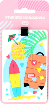 Eloy etykieta bagażowa gumowa, biała, z wzorem plaży: walizka, deska surfingowa, ananasowy drink. W różowym opakowaniu.