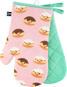 Różowe rękawice kuchenne w pączki z uśmiechniętymi minami i pikowana rękawica miętowa, widok z przodu.