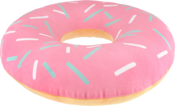 Różowe dmuchane koło do pływania w kształcie pączka z białymi i turkusowymi posypkami, lekko z boku.