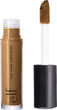 e.l.f. 16hr Camo Concealer Deep Chestnut: brązowy matowy płyn w butelce, obok aplikator.
