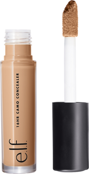 e.l.f. 16hr Camo Concealer Medium Beige. Beżowy matujący korektor w butelce, aplikator obok.