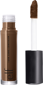 e.l.f. 16hr Camo Concealer Rich Chocolate. Ciemnobrązowy płynny korektor z aplikatorem, otwarte opakowanie.