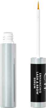 e.l.f. Enhancing Lash & Brow Serum. Otwarta srebrna butelka, obok biały aplikator z pomarańczową końcówką.