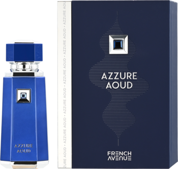 French Avenue Azzure Aoud, ciemnoniebieska butelka perfum z sześciokątną nakrętką i pudełko z logo, widok z przodu.