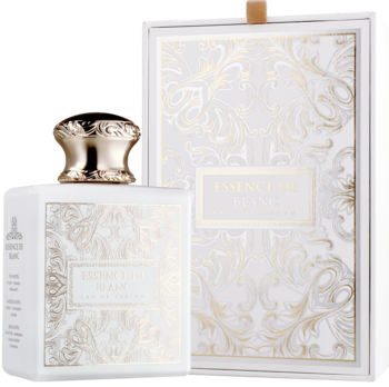 Aromatyczno-cytrusowa woda perfumowana French Avenue Essence De Blanc w białej butelce ze złotymi wzorami i pudełkiem.