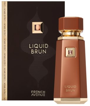 Woda perfumowana French Avenue Liquid Brun. Elegancka brązowa butelka w kształcie heksagonu ze złotymi detalami, obok pudełko.