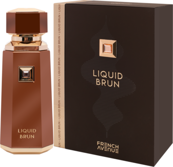 Woda perfumowana French Avenue Liquid Brun, brązowa butelka z oktagonalną nakrętką i pudełko, widok z przodu.