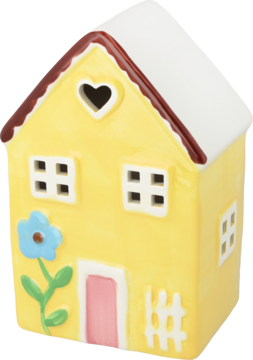 Żółty ceramiczny świecznik w kształcie domku z białym dachem, sercem, kwiatem i różowymi drzwiami, z przodu.