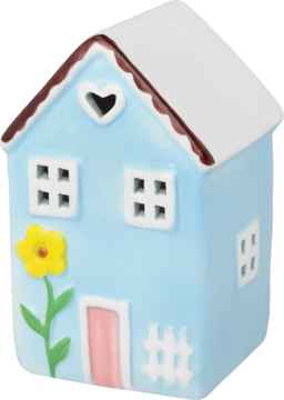 Błękitny ceramiczny domek dekoracyjny z białym dachem, sercem, różowymi drzwiami, żółtym kwiatem i płotkiem, z przodu.