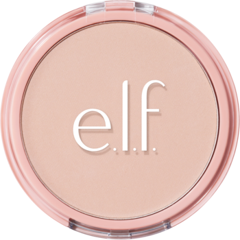 Puder prasowany e.l.f. Halo Glow Fair Neutral Cool, okrągła różowa puderniczka z białym logo 'elf', widok z góry.