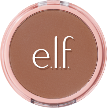 e.l.f. Halo Glow puder prasowany Rich Warm, okrągły różowy kompakt, z białym logo, widok z góry.
