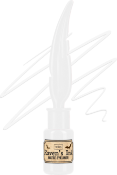 Biały matowy eyeliner Raven's Ink, buteleczka z aplikatorem w kształcie białego pióra, z przodu, z białymi kreskami.