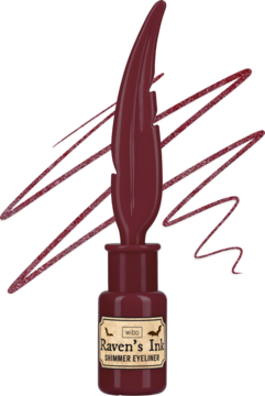 Ciemnoczerwony eyeliner Raven's Ink Shimmer w butelce z aplikatorem-piórem, obok smugi produktu.